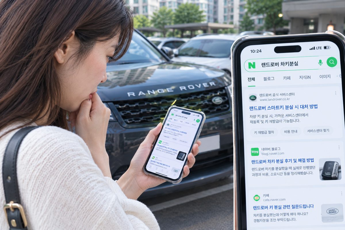 스마트폰으로 랜드로버 차키분실을 검색하는 모습