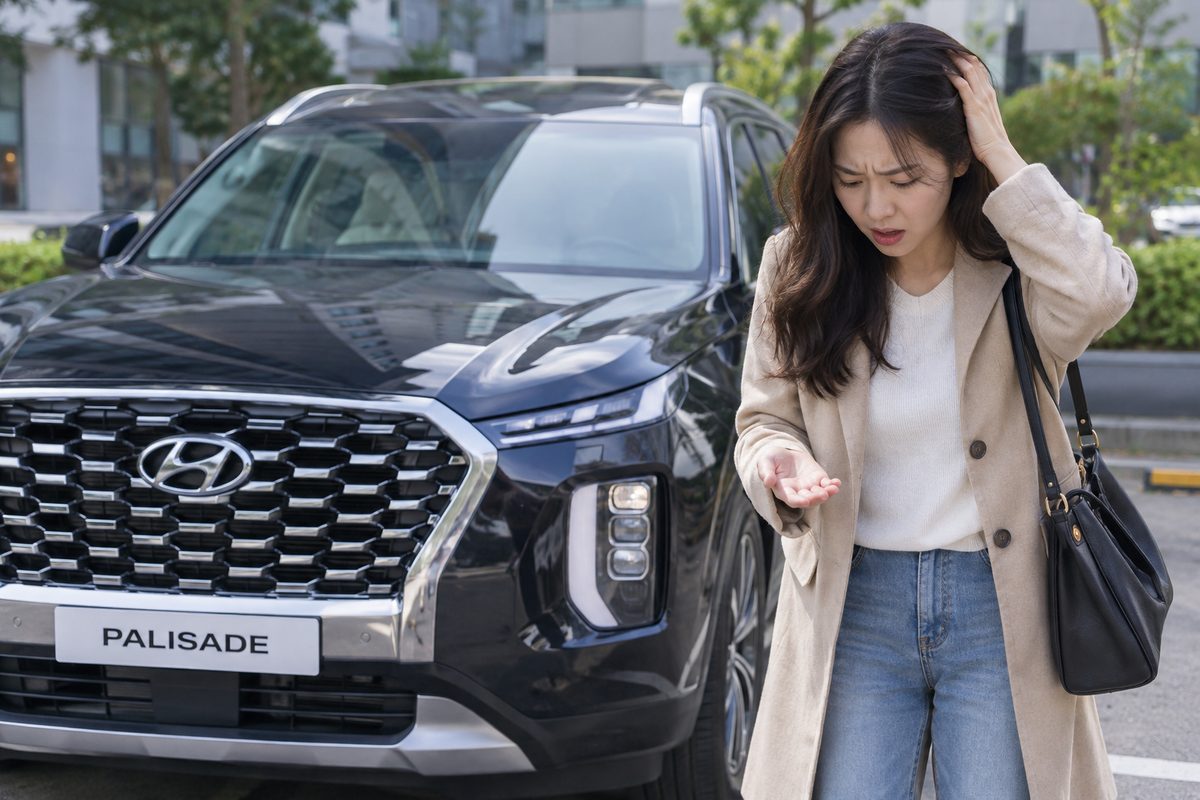 차 앞에서 난감해하는 모습