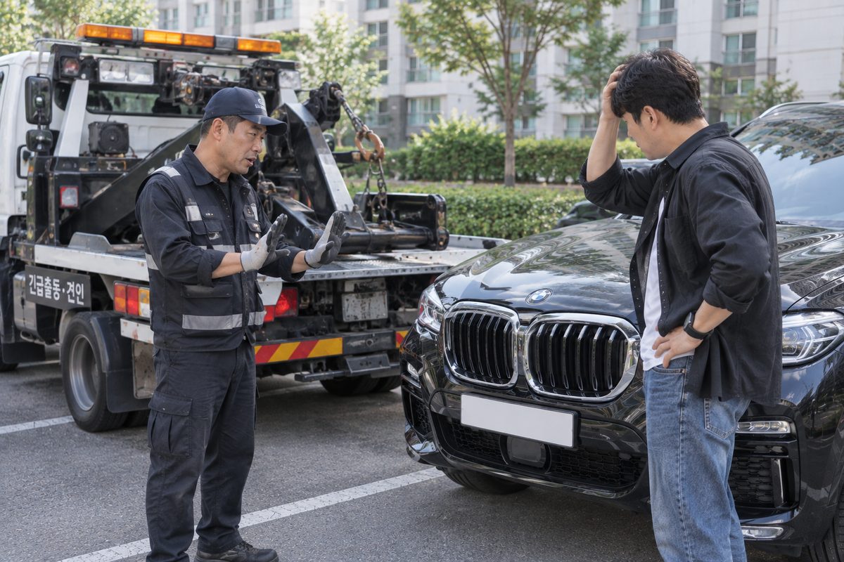 견인차 기사와 이야기하는 모습