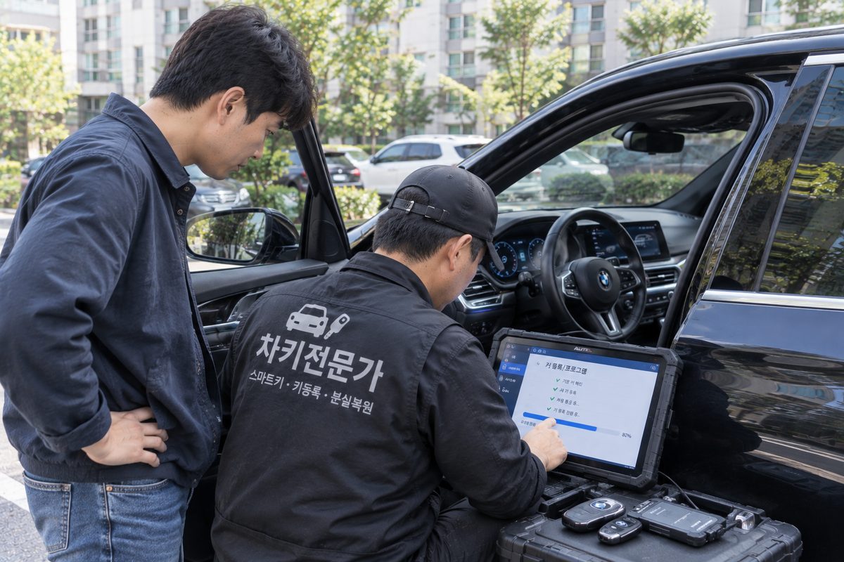 전문가가 진단장비로 현장에서 스마트키를 등록하는 모습